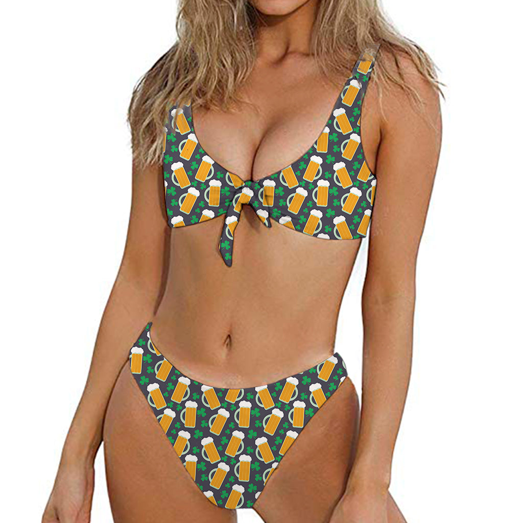 Clover And Beer St. Patrick's Day Print Front Bow Tie Bikini