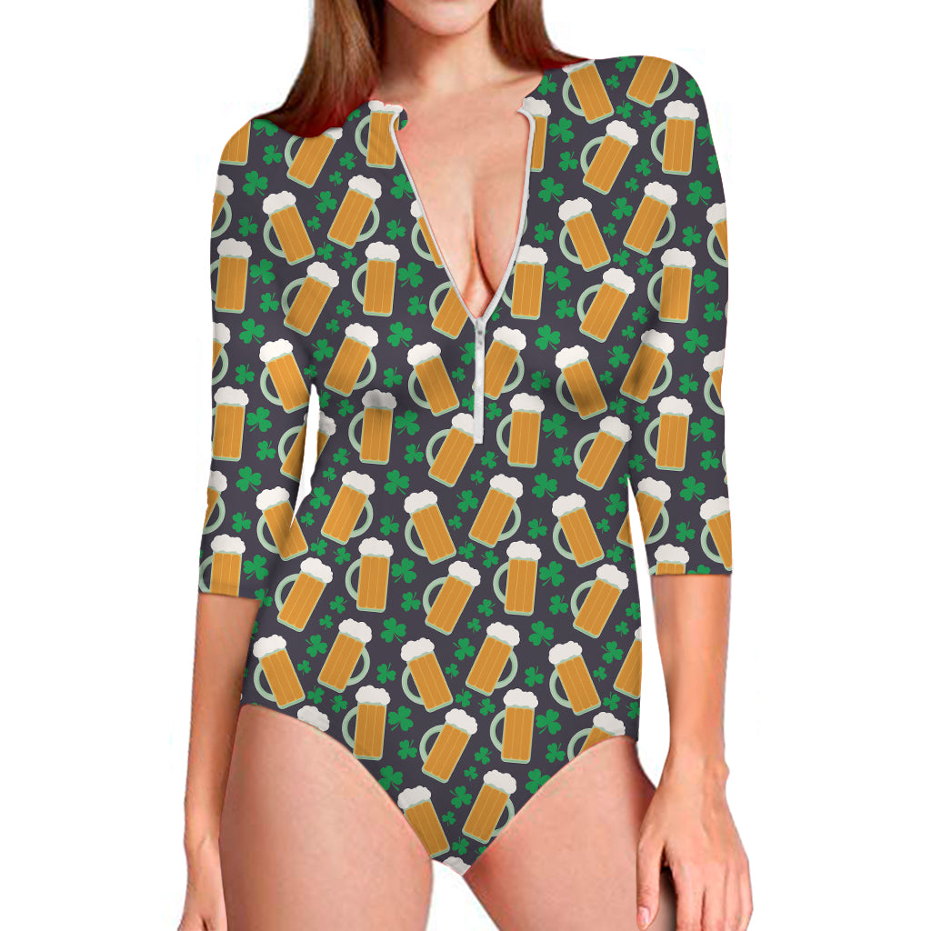 Clover And Beer St. Patrick's Day Print Long Sleeve One Piece Swimsuit