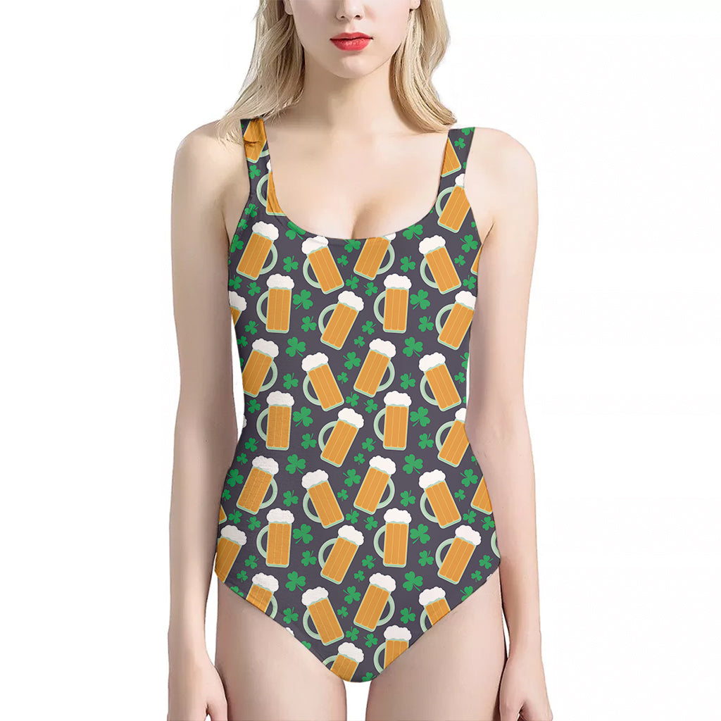 Clover And Beer St. Patrick's Day Print One Piece Halter Neck Swimsuit