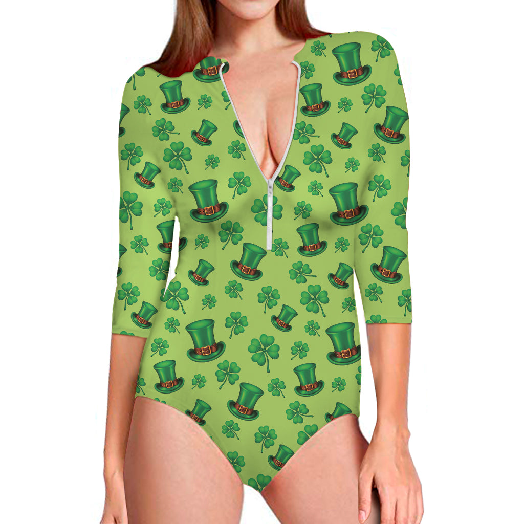 Clover And Hat St. Patrick's Day Print Long Sleeve One Piece Swimsuit