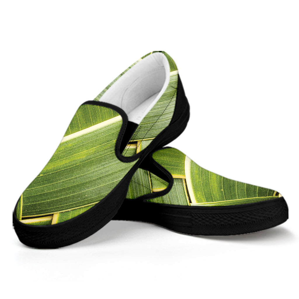 Coconut Leaf Print Black Slip On Shoes