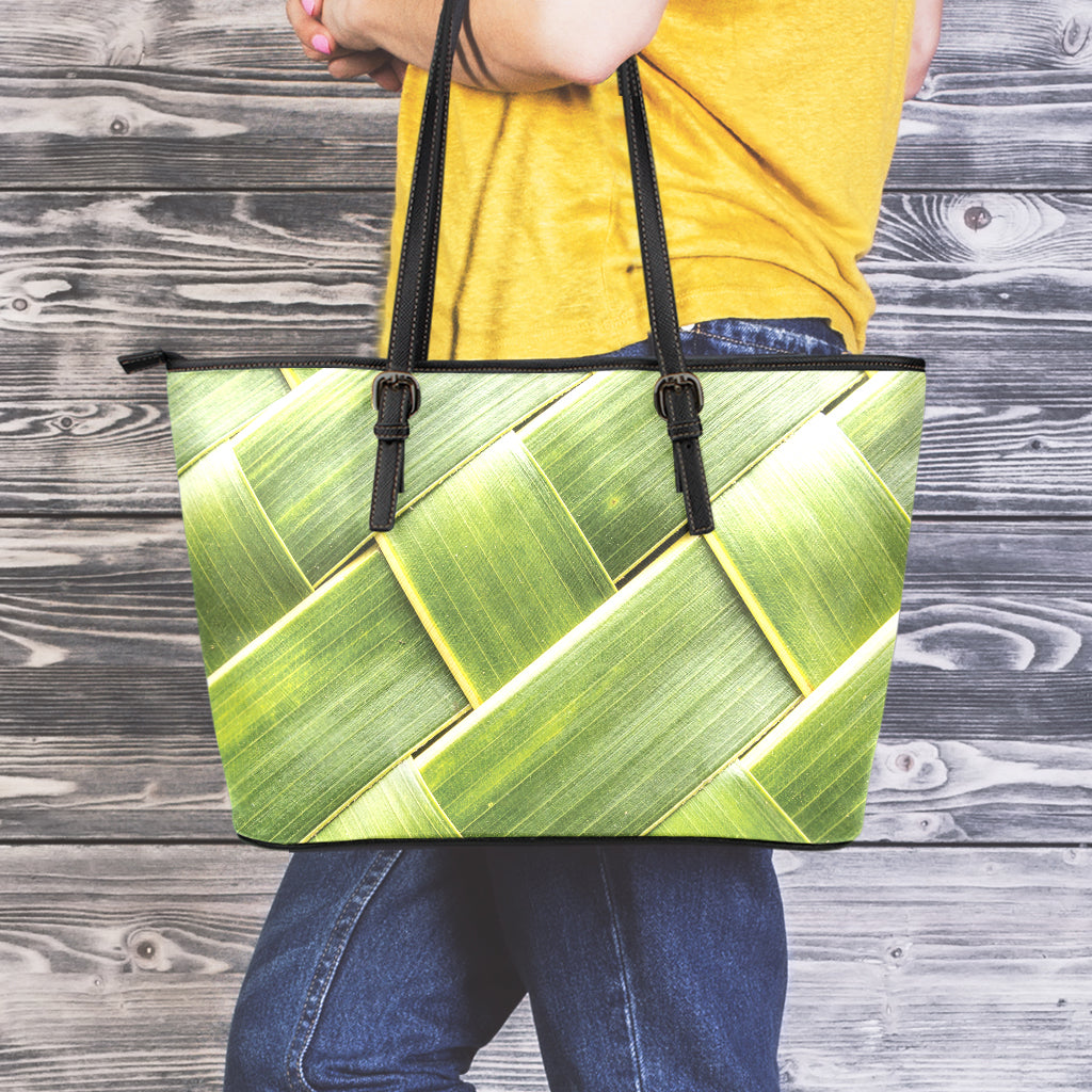 Coconut Leaf Print Leather Tote Bag