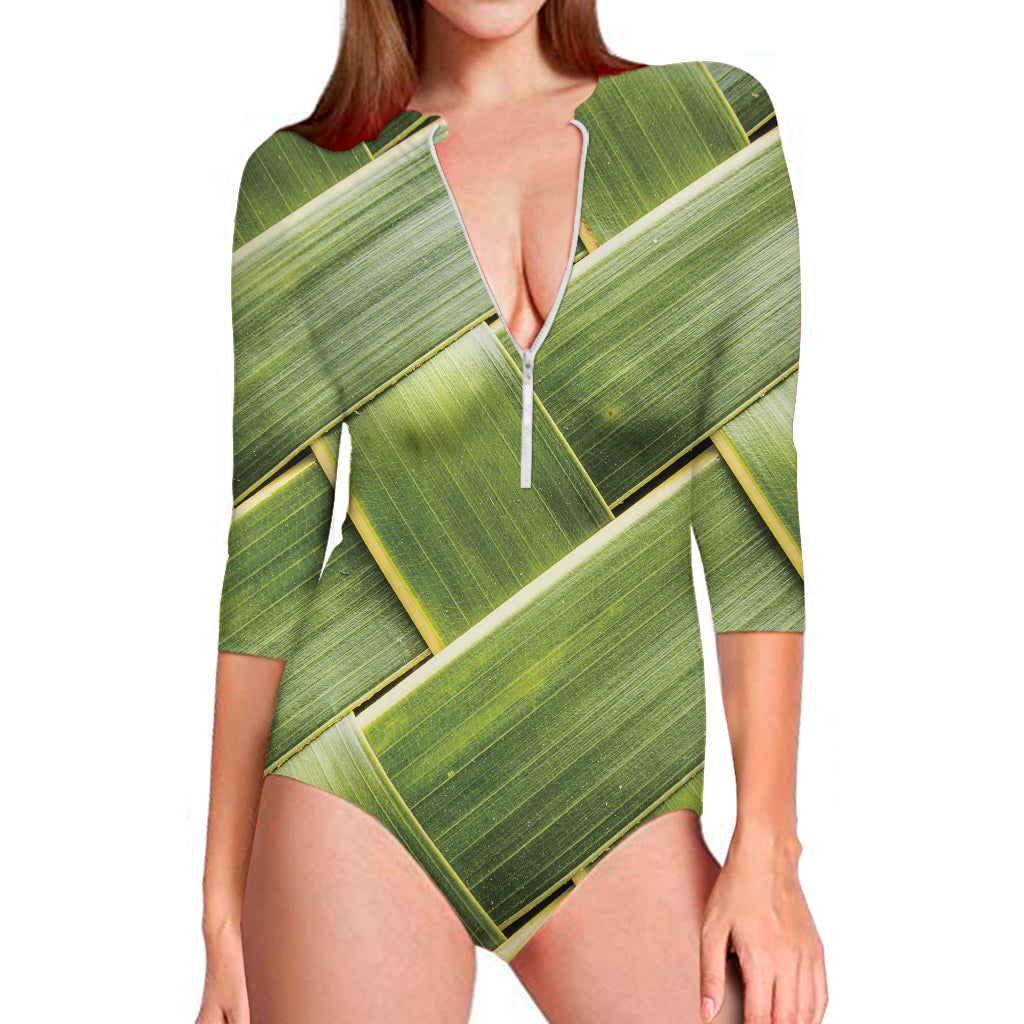 Coconut Leaf Print Long Sleeve One Piece Swimsuit