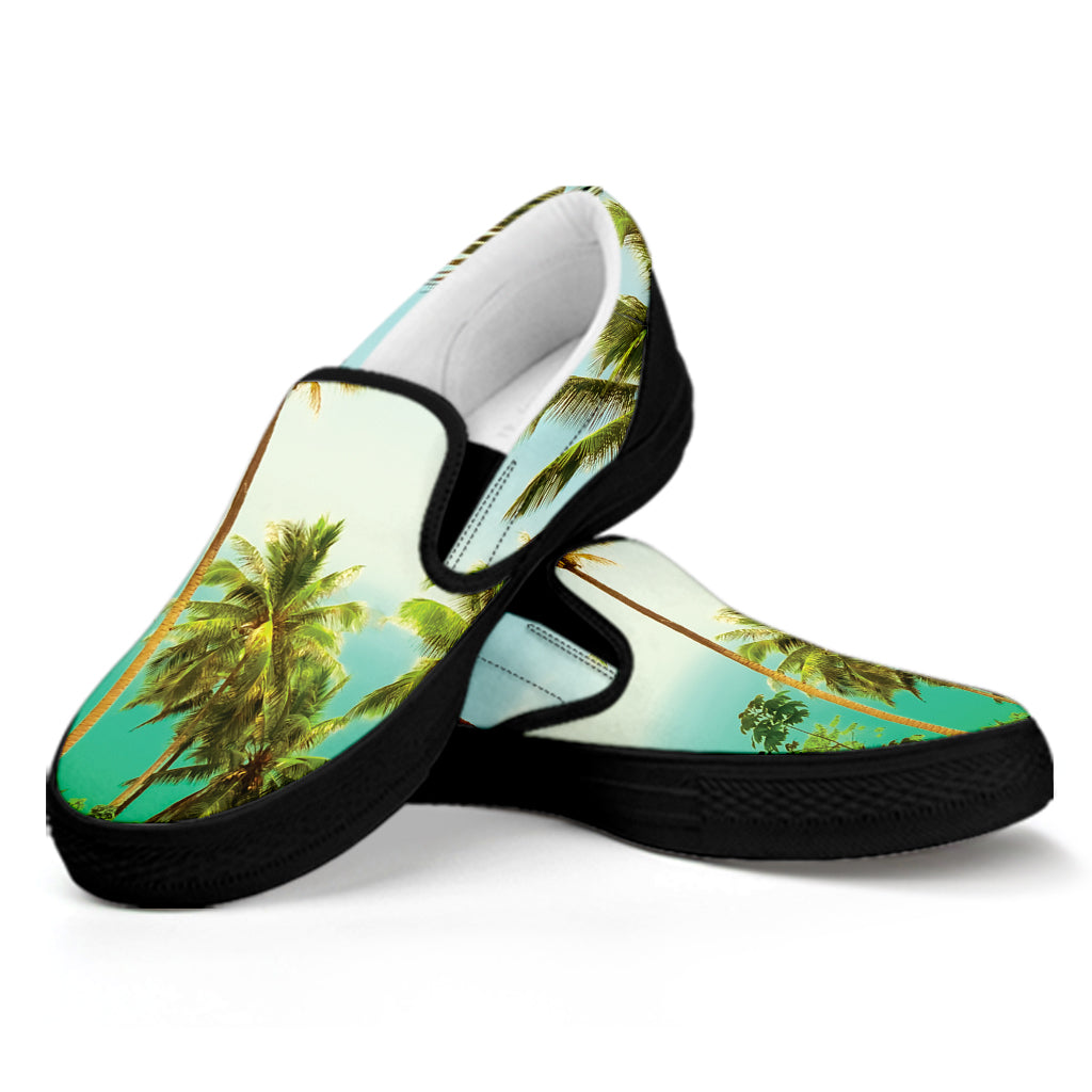 Coconut Tree Print Black Slip On Shoes