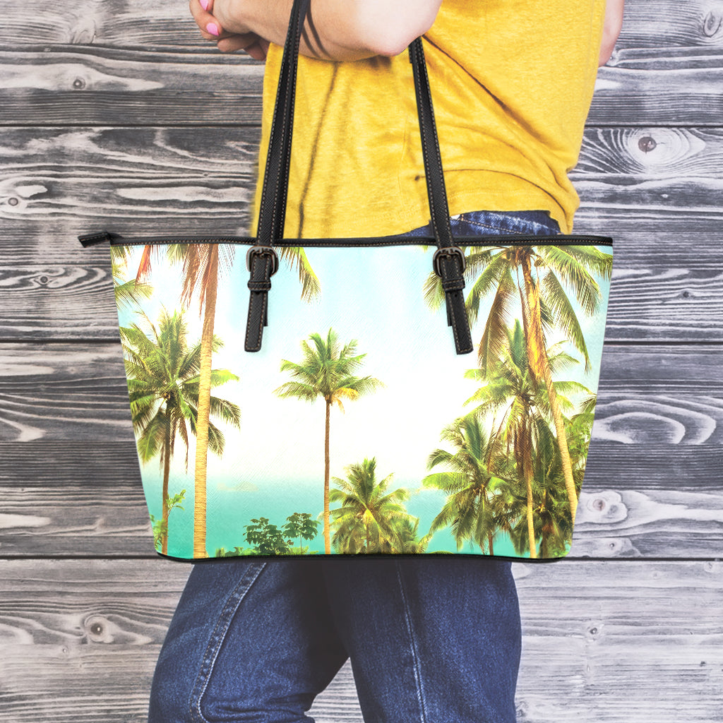 Coconut Tree Print Leather Tote Bag