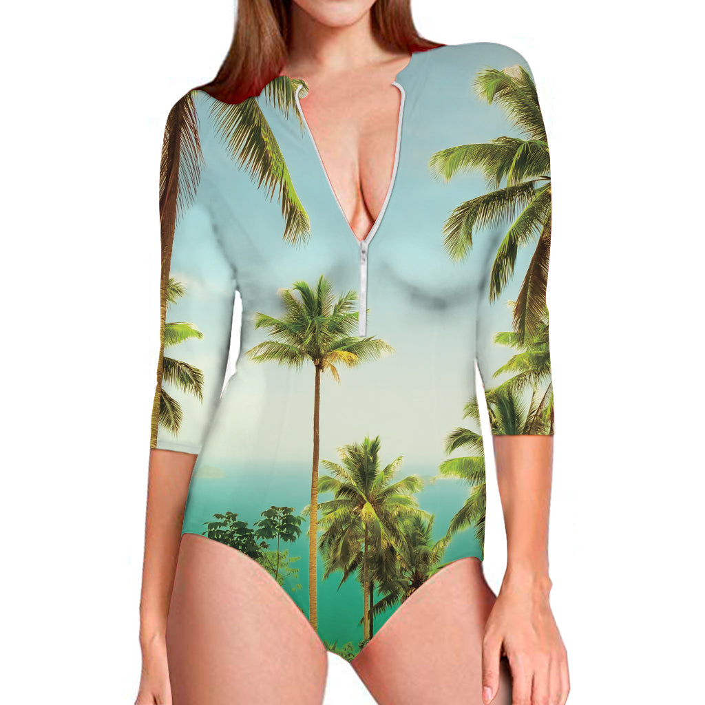 Coconut Tree Print Long Sleeve One Piece Swimsuit