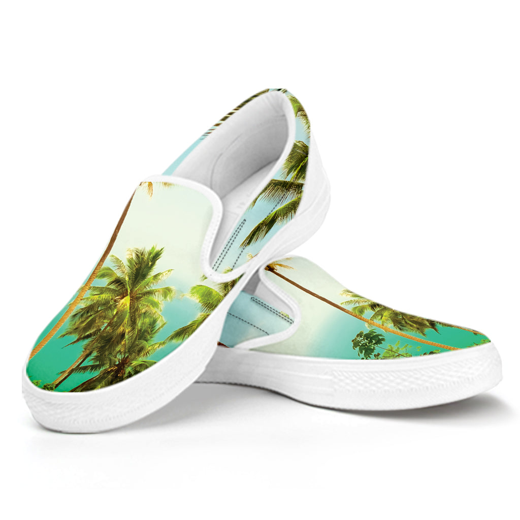 Coconut Tree Print White Slip On Shoes