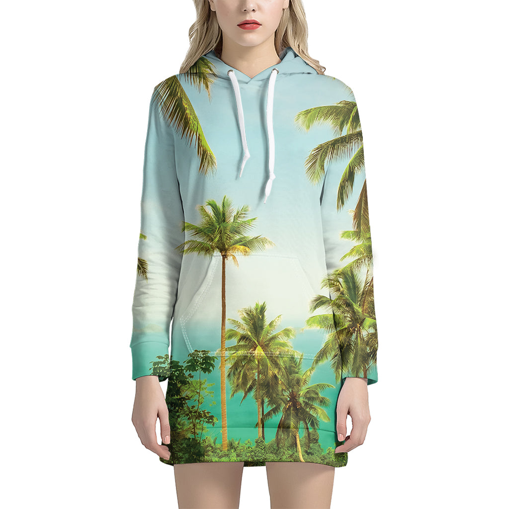 Coconut Tree Print Women's Pullover Hoodie Dress