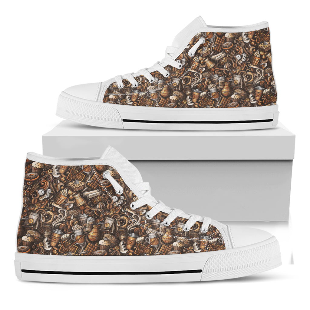 Coffee And Dessert Drawing Pattern Print White High Top Shoes