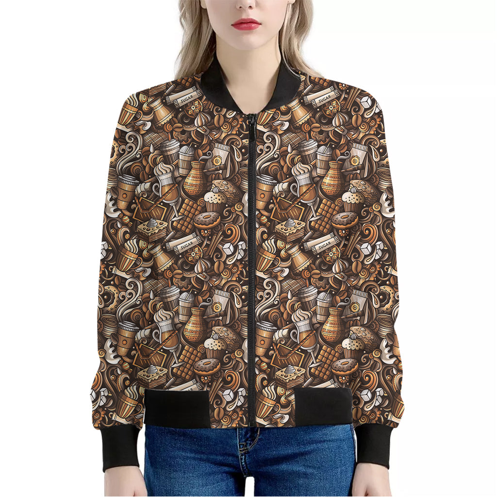 Coffee And Dessert Drawing Pattern Print Women's Bomber Jacket