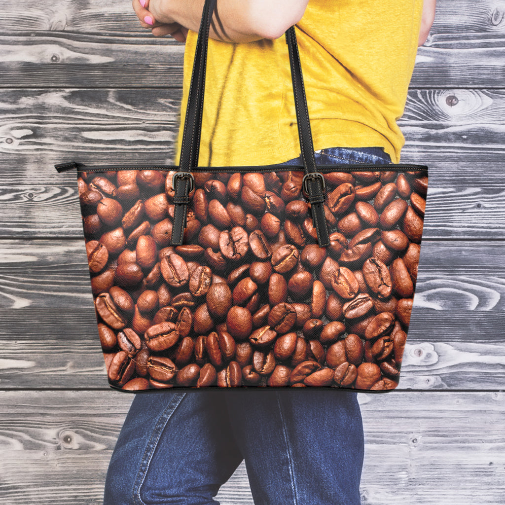 Coffee Beans Print Leather Tote Bag