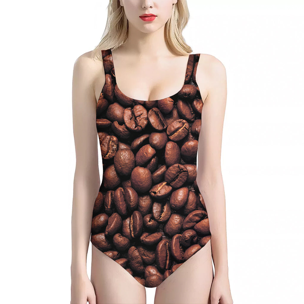 Coffee Beans Print One Piece Halter Neck Swimsuit