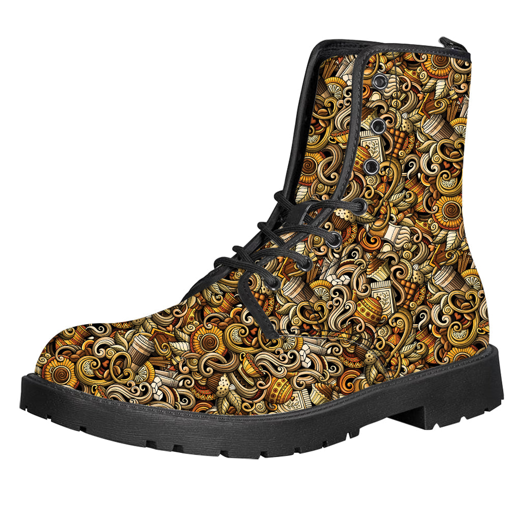 Coffee Drawing Pattern Print Leather Boots