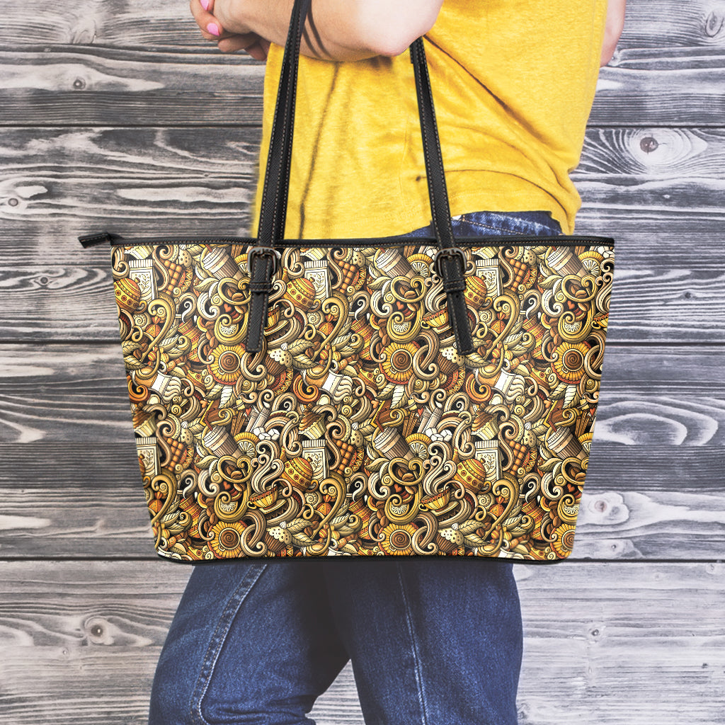 Coffee Drawing Pattern Print Leather Tote Bag