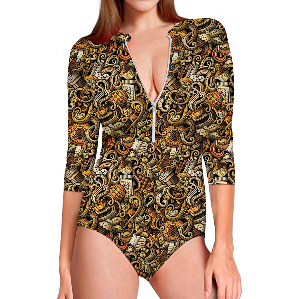 Coffee Drawing Pattern Print Long Sleeve One Piece Swimsuit