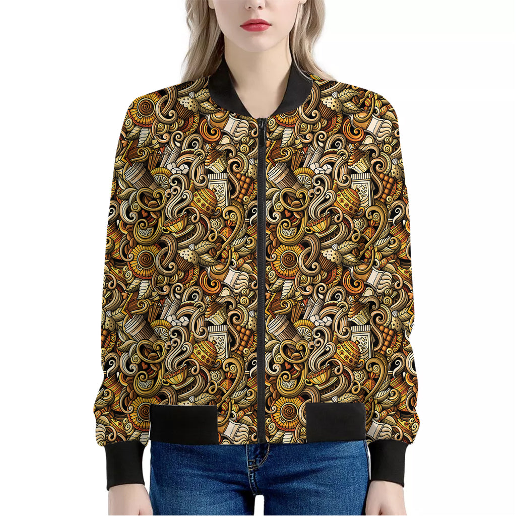 Coffee Drawing Pattern Print Women's Bomber Jacket