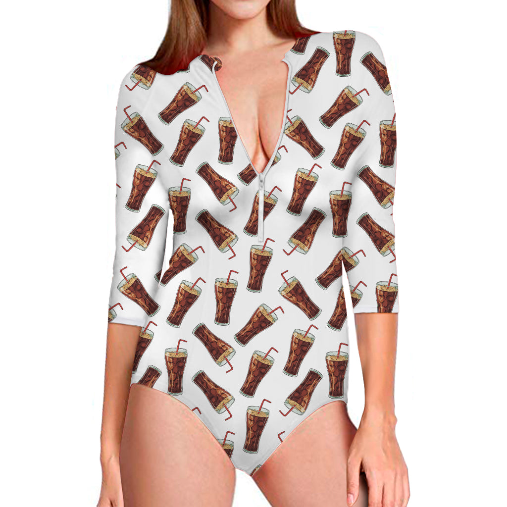 Cola Pattern Print Long Sleeve One Piece Swimsuit