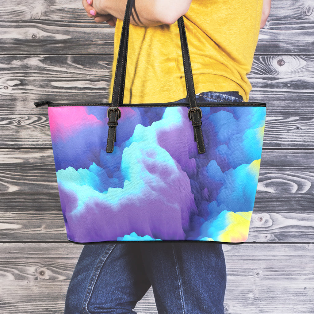 Coloful Cloud Print Leather Tote Bag