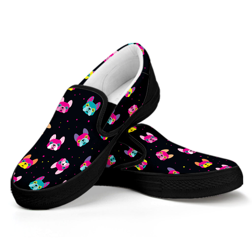 Coloful French Bulldog Print Black Slip On Shoes