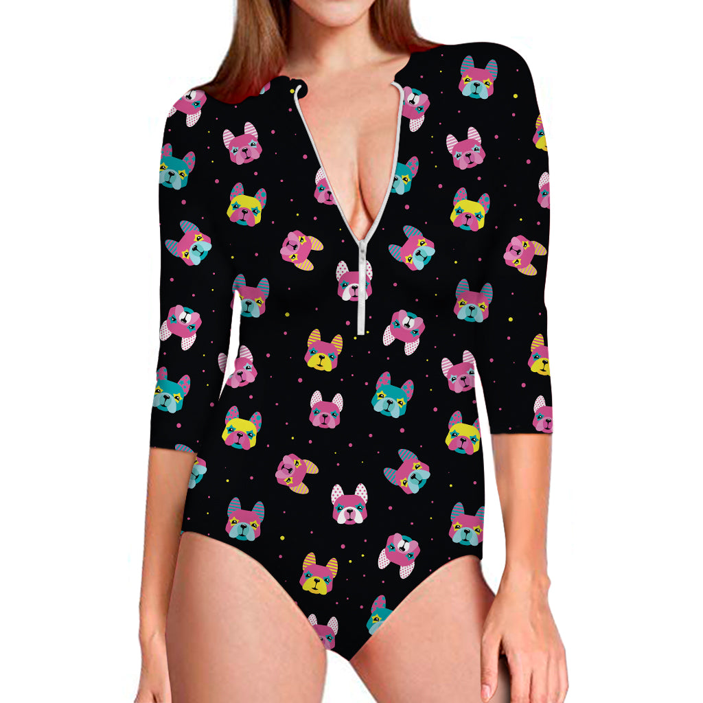 Coloful French Bulldog Print Long Sleeve One Piece Swimsuit