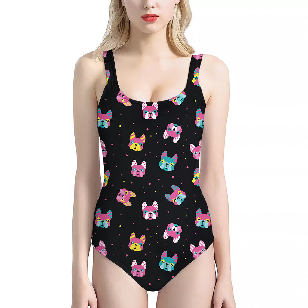 Coloful French Bulldog Print One Piece Halter Neck Swimsuit