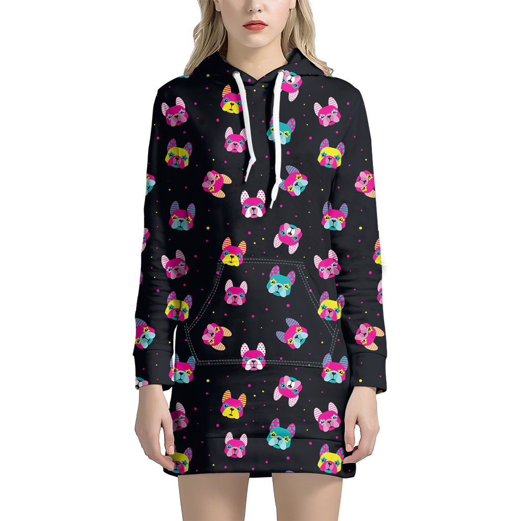 Coloful French Bulldog Print Women's Pullover Hoodie Dress