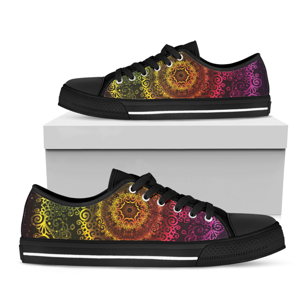 Coloful Mandala Print Black Low Top Shoes