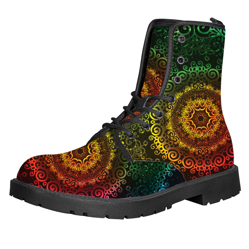 Coloful Mandala Print Leather Boots