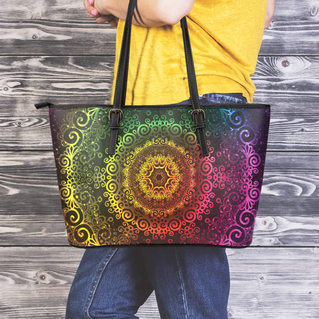 Coloful Mandala Print Leather Tote Bag