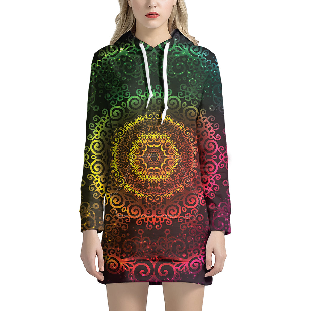 Coloful Mandala Print Women's Pullover Hoodie Dress