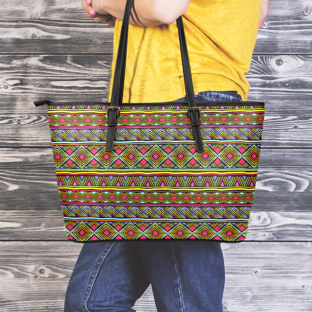 Colorful African Inspired Pattern Print Leather Tote Bag