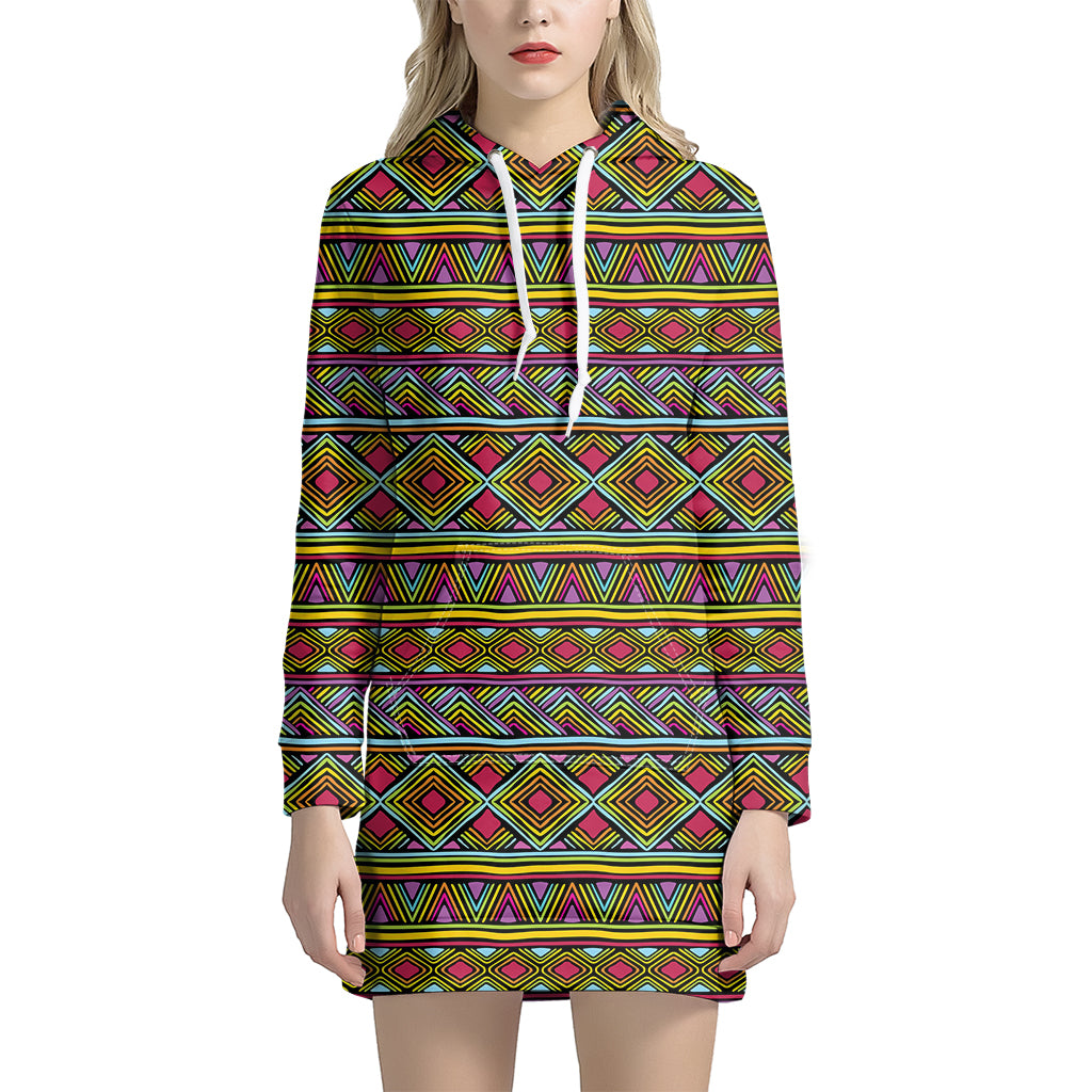 Colorful African Inspired Pattern Print Women's Pullover Hoodie Dress