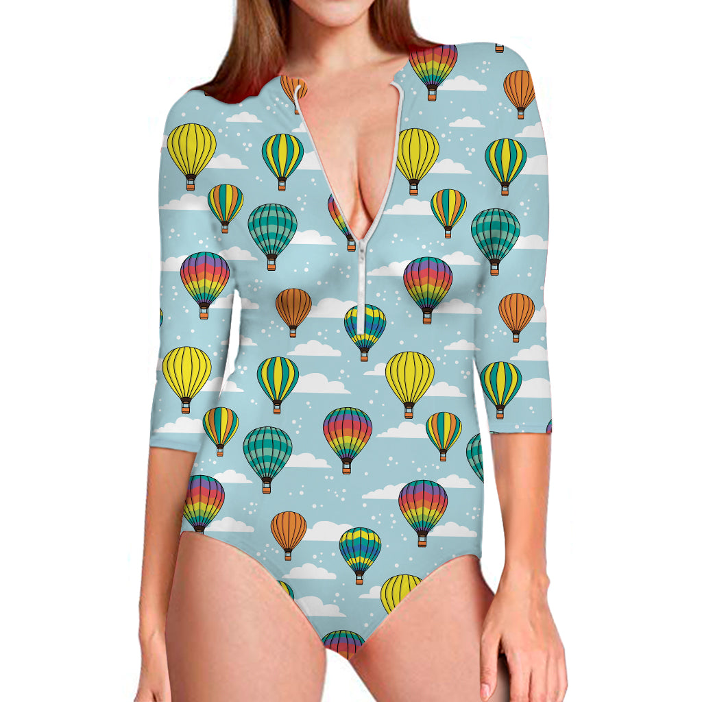 Colorful Air Balloon Pattern Print Long Sleeve One Piece Swimsuit