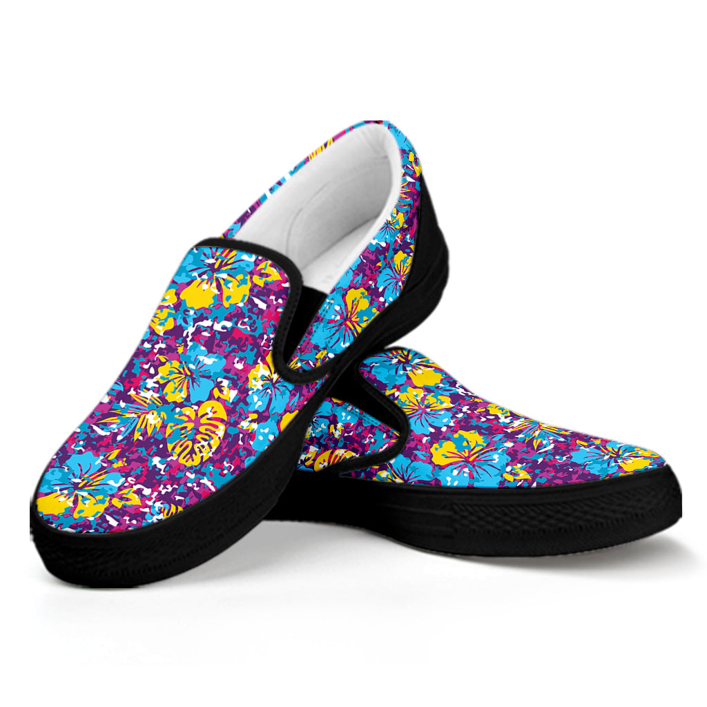 Colorful Aloha Camouflage Flower Print Black Slip On Shoes