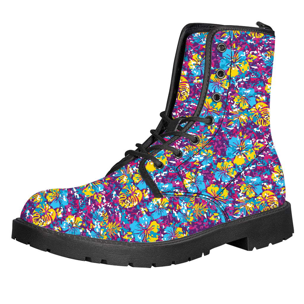 Colorful Aloha Camouflage Flower Print Leather Boots