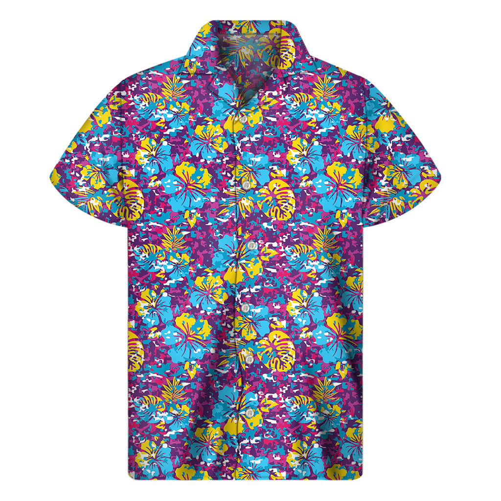 Colorful Aloha Camouflage Flower Print Men's Short Sleeve Shirt