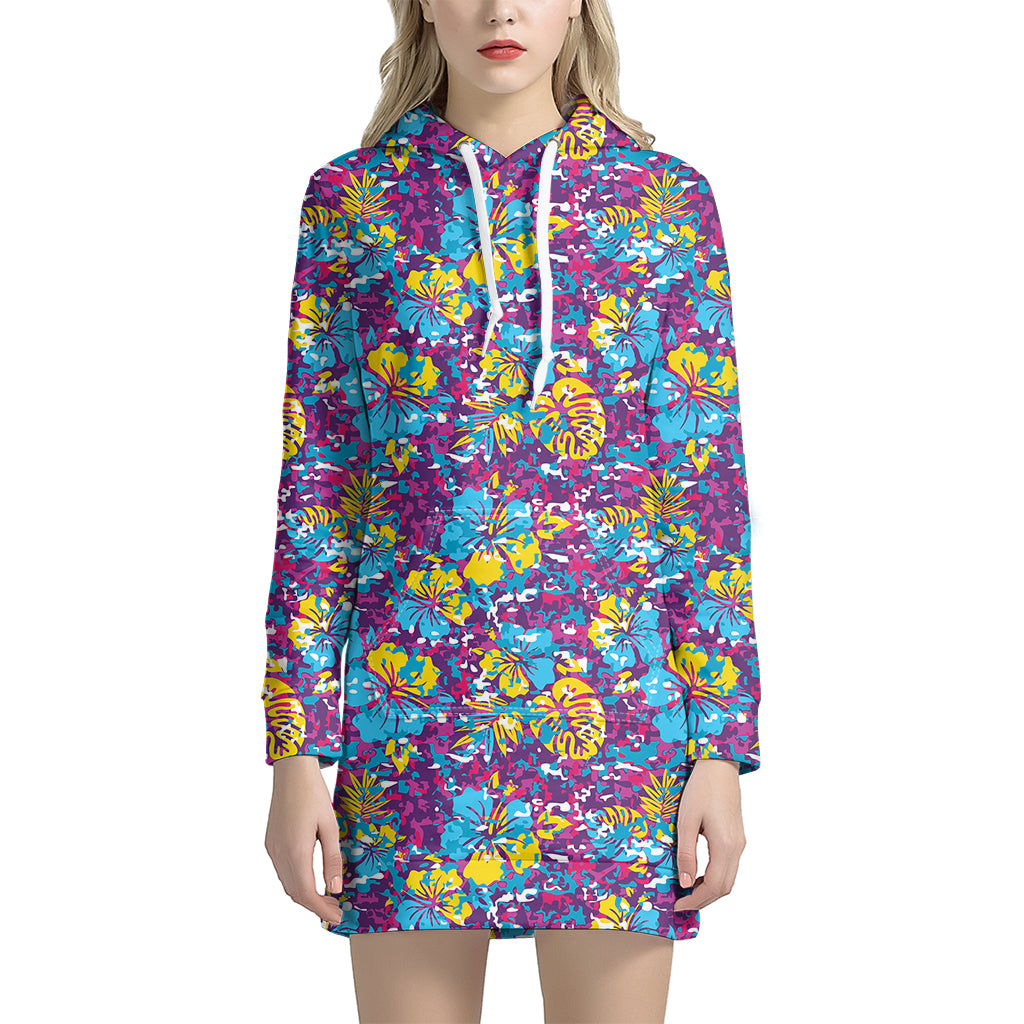 Colorful Aloha Camouflage Flower Print Women's Pullover Hoodie Dress