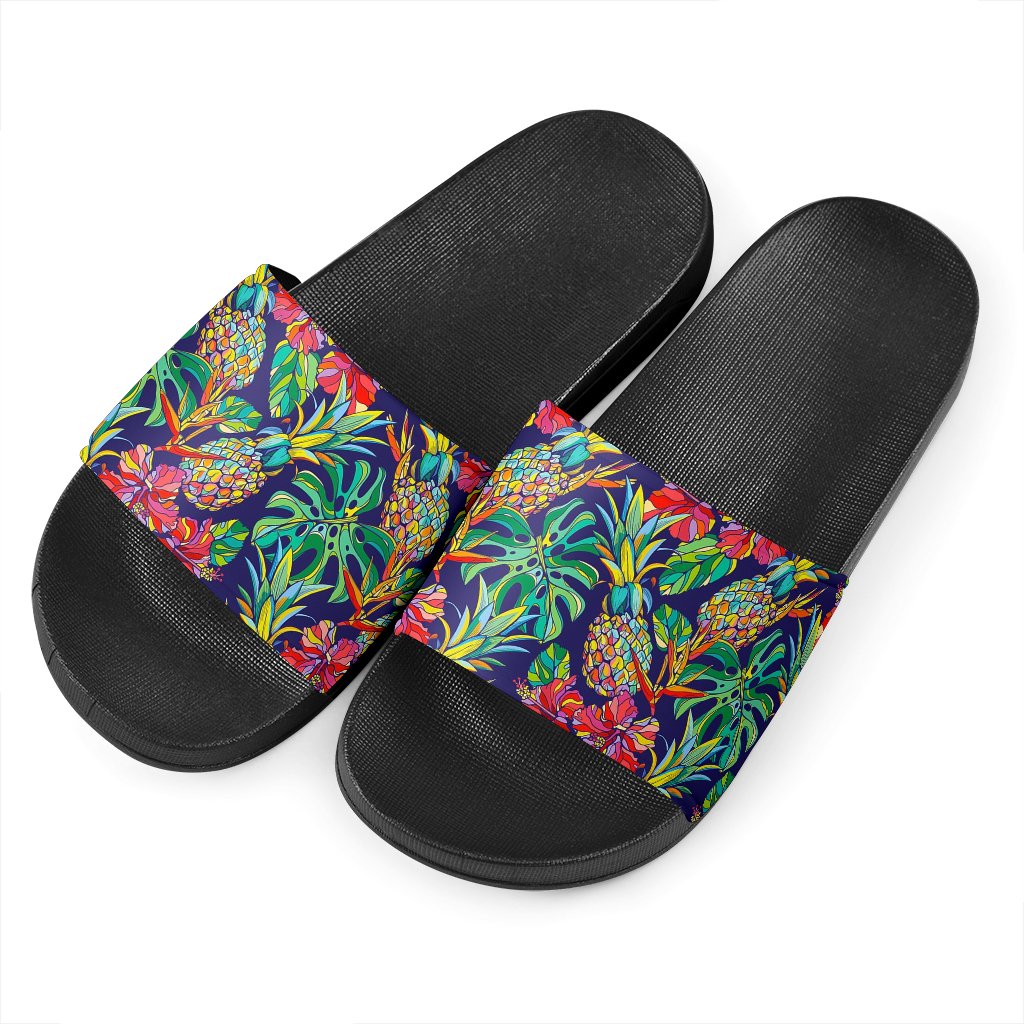 Colorful Aloha Pineapple Pattern Print Black Slide Sandals