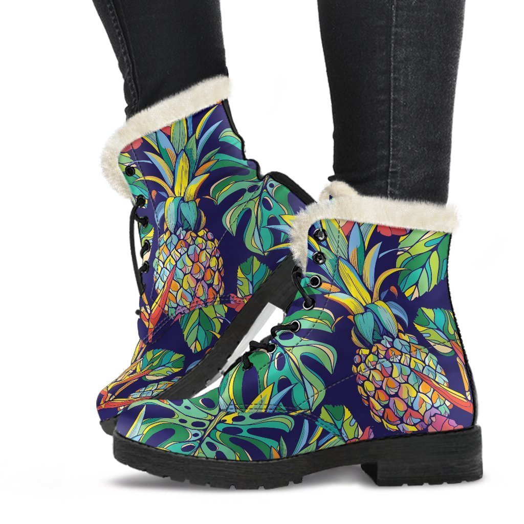 Colorful Aloha Pineapple Pattern Print Faux Fur Leather Boots