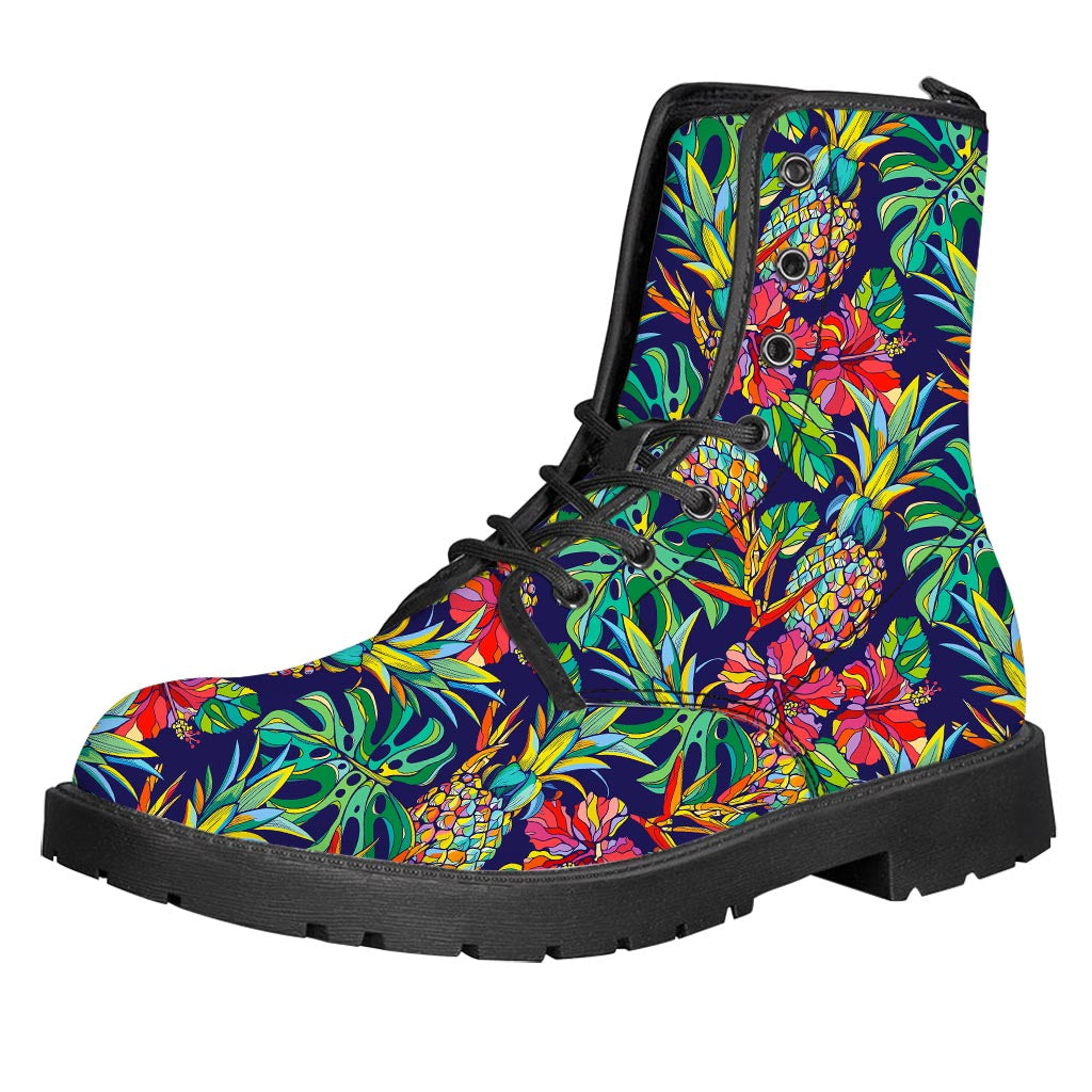 Colorful Aloha Pineapple Pattern Print Leather Boots