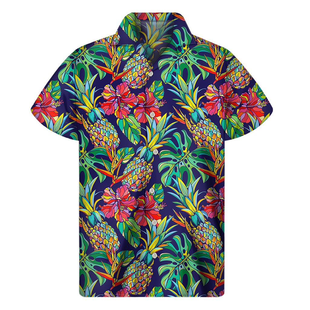 Colorful Aloha Pineapple Pattern Print Men's Short Sleeve Shirt