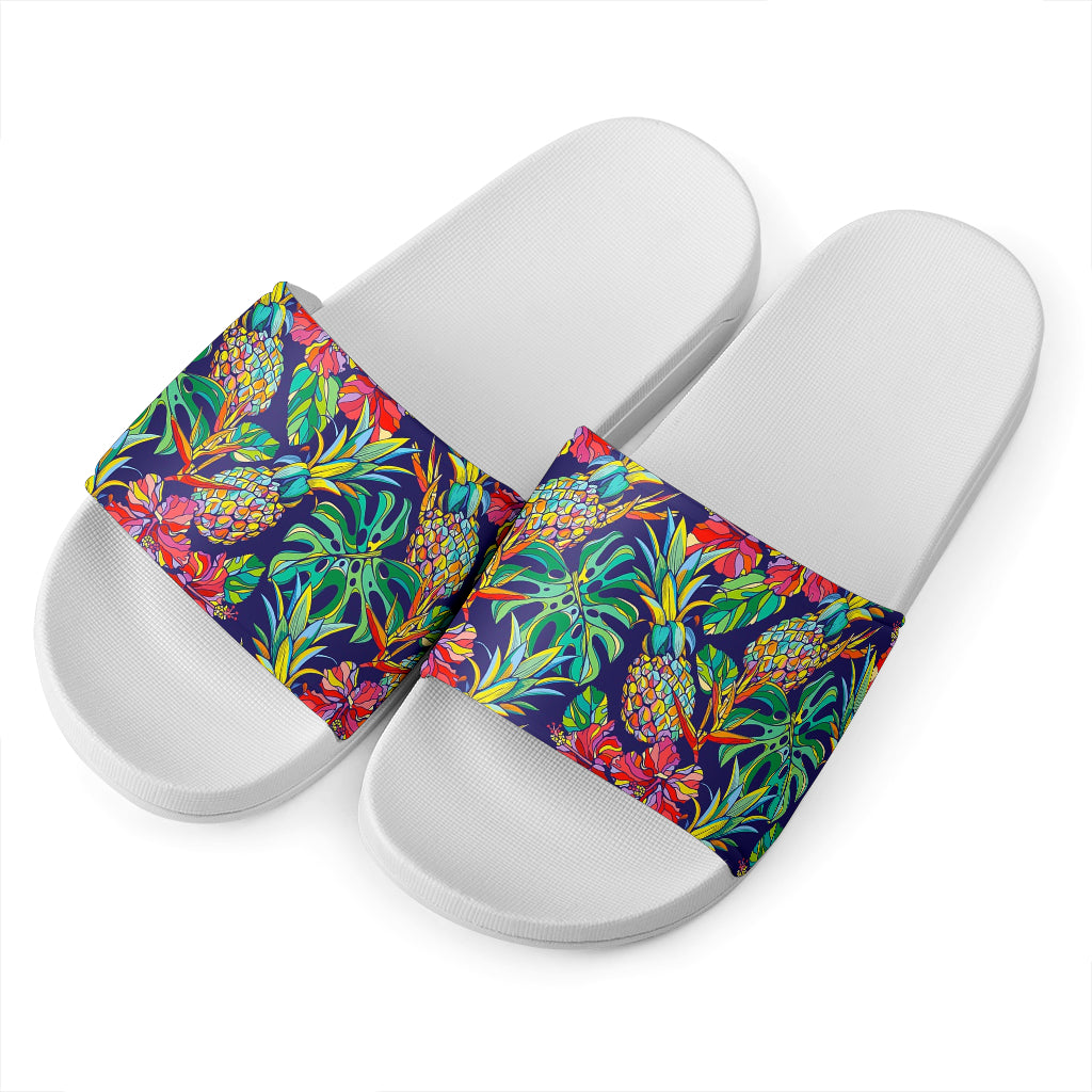 Colorful Aloha Pineapple Pattern Print White Slide Sandals