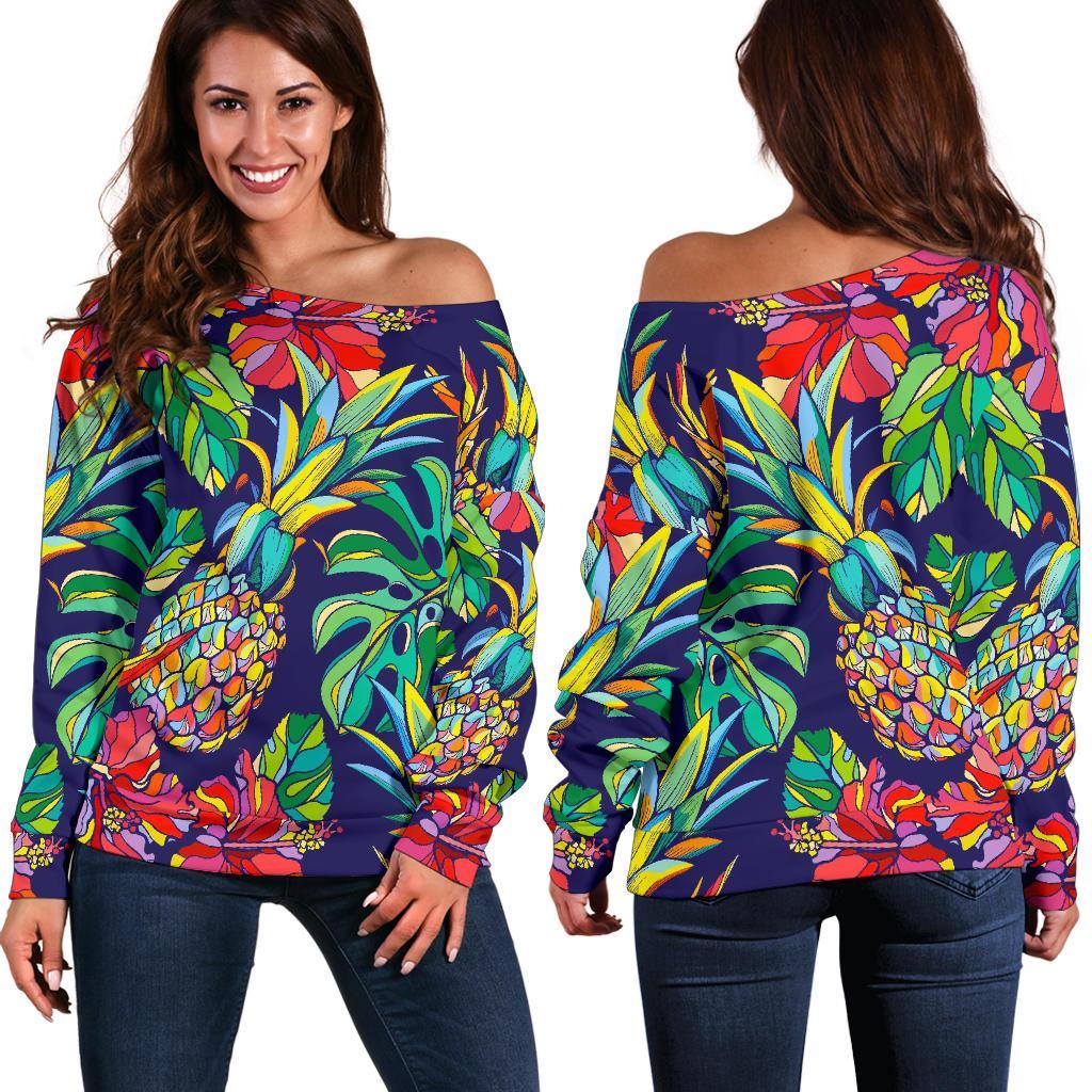 Colorful Aloha Pineapple Pattern Print Women's Off-Shoulder Sweatshirt