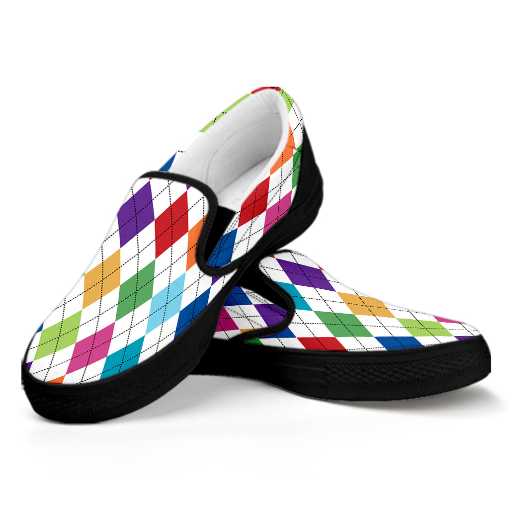 Colorful Argyle Pattern Print Black Slip On Shoes