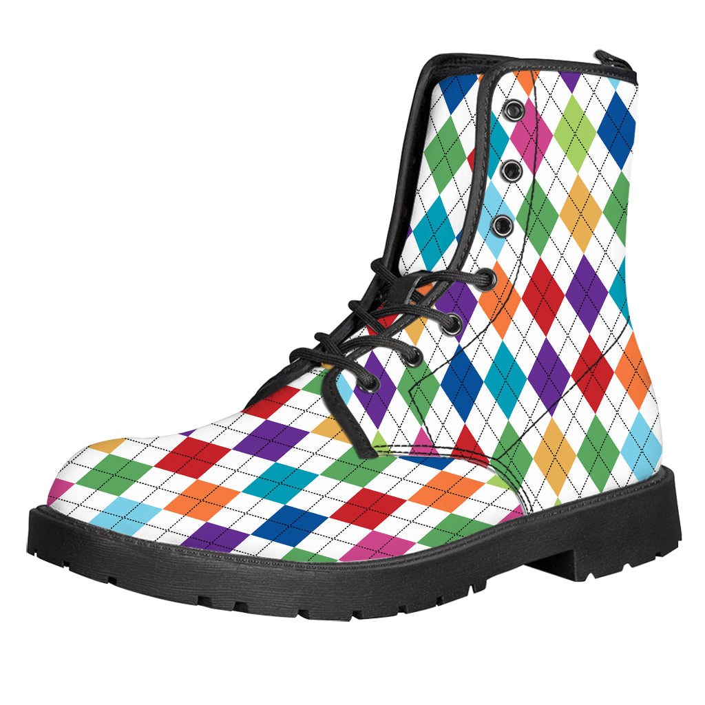 Colorful Argyle Pattern Print Leather Boots