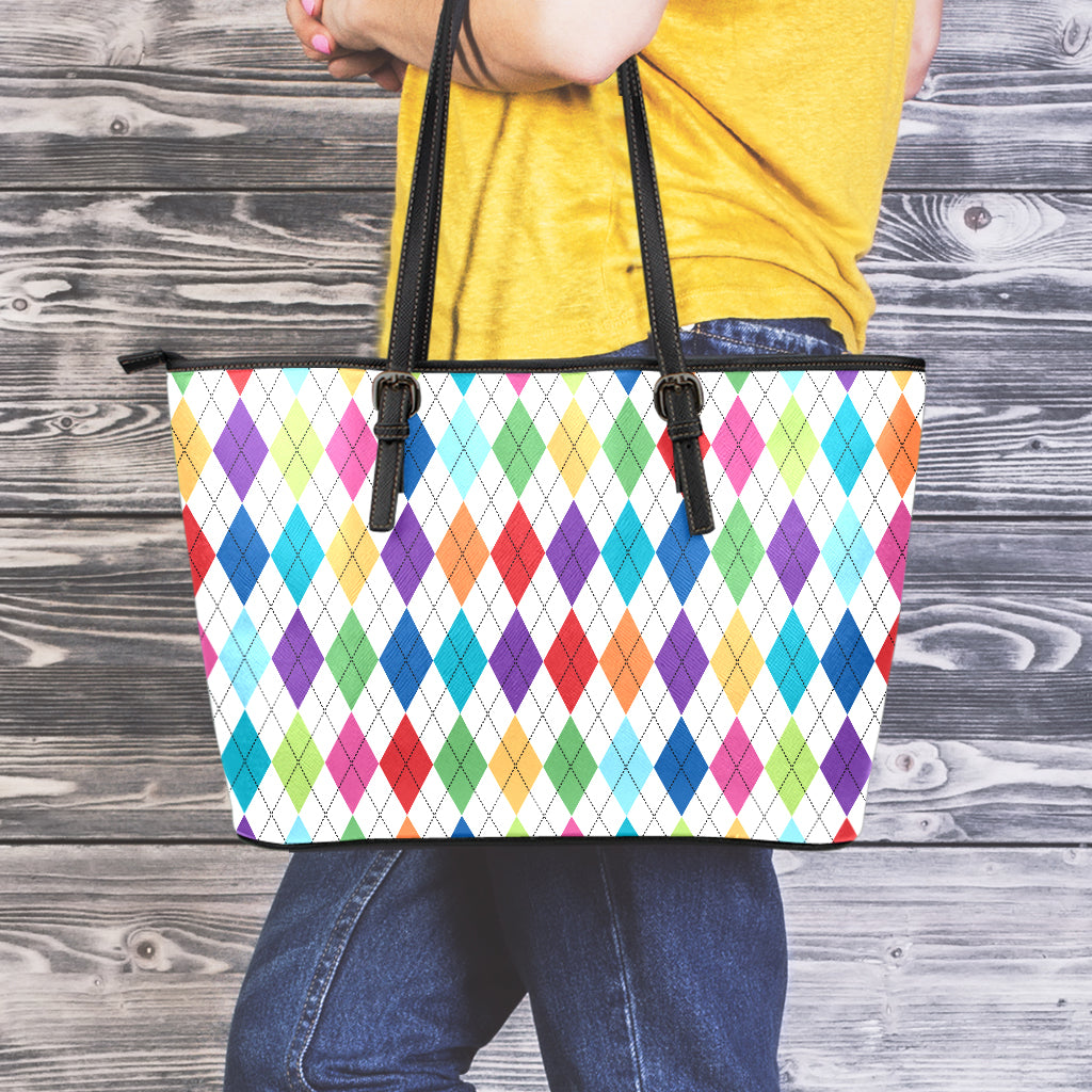 Colorful Argyle Pattern Print Leather Tote Bag