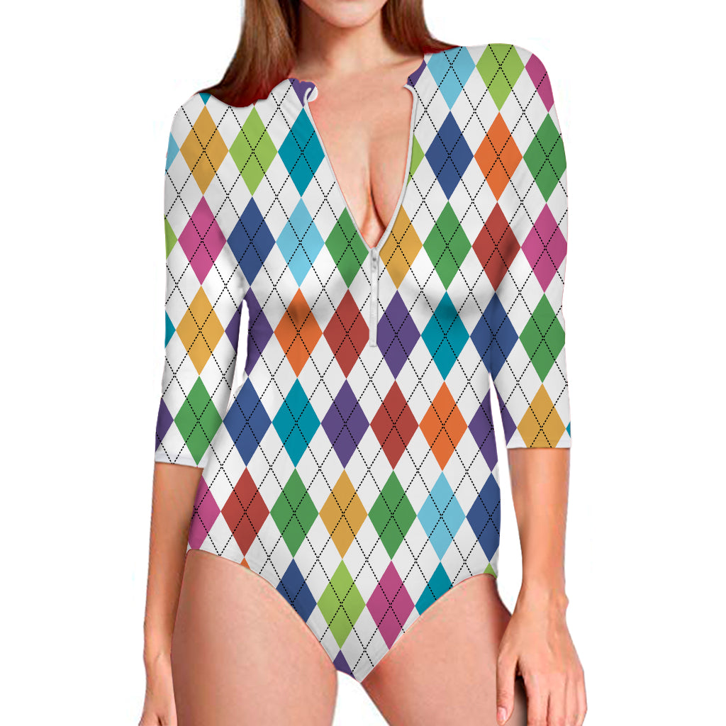 Colorful Argyle Pattern Print Long Sleeve One Piece Swimsuit