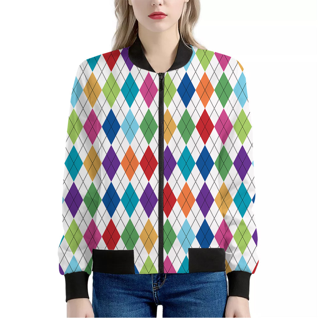 Colorful Argyle Pattern Print Women's Bomber Jacket