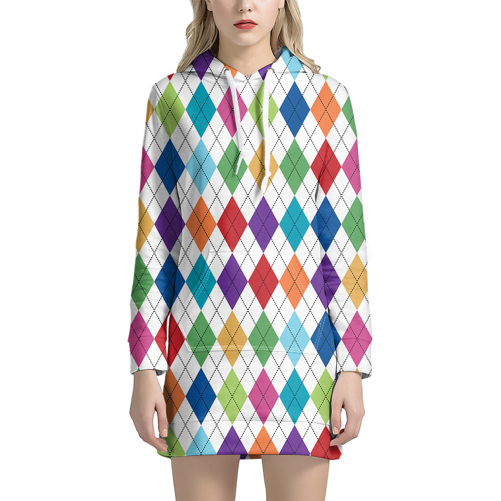 Colorful Argyle Pattern Print Women's Pullover Hoodie Dress