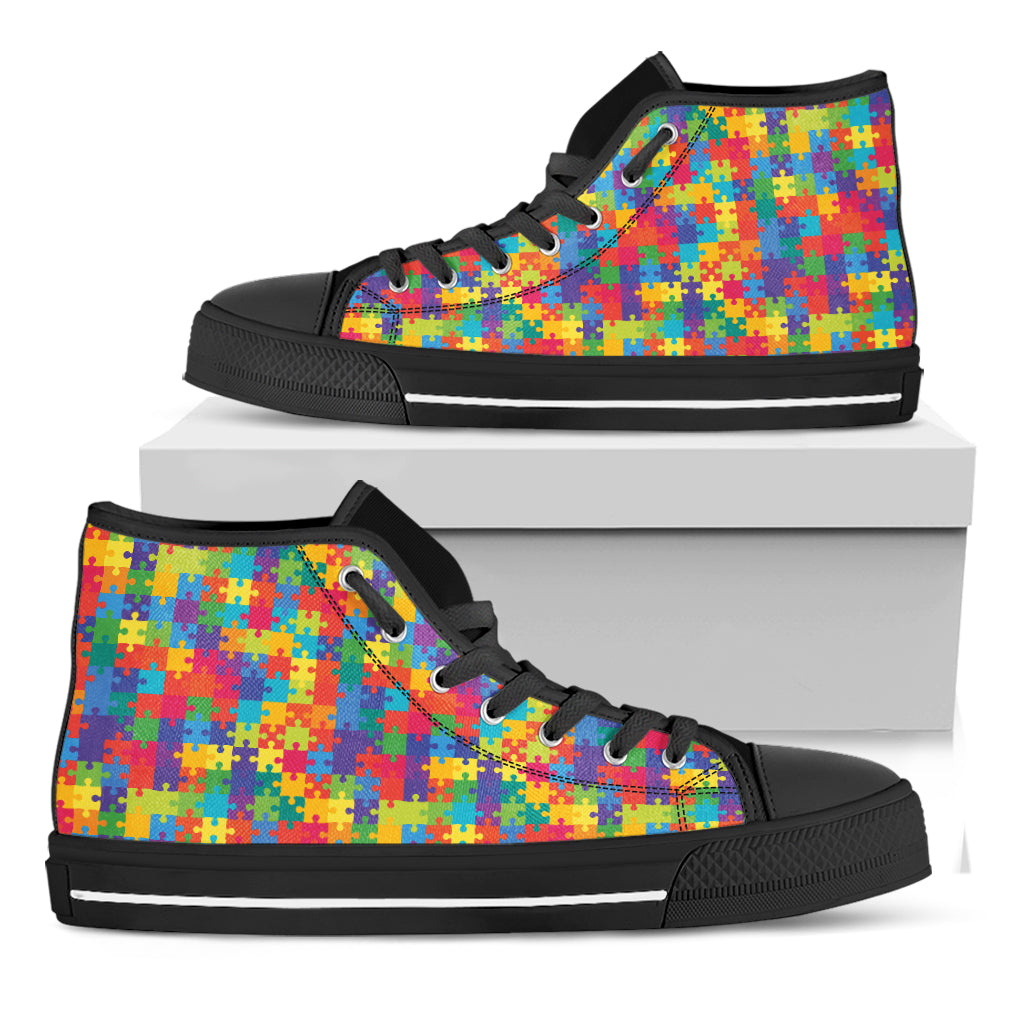 Colorful Autism Awareness Jigsaw Print Black High Top Shoes